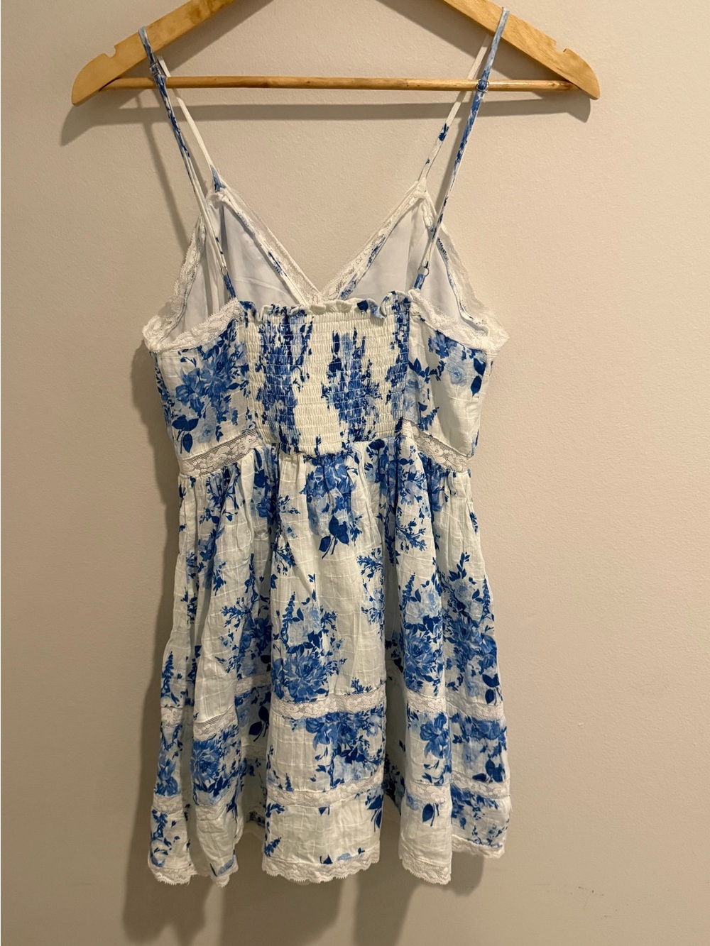 Pookie & Sebastian White Blue Floral Cotton Mini Dress Smocked Back Size L - Picture 3 of 15